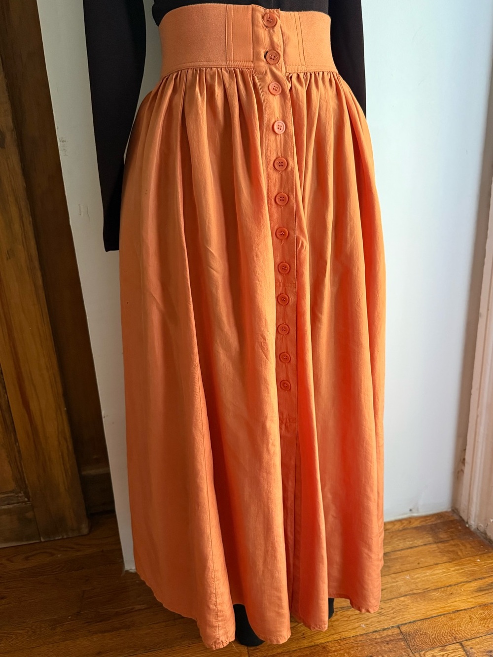 Vintage Silk Salmon Skirt High Waist Button Front A-Line Pockets Cottagecore